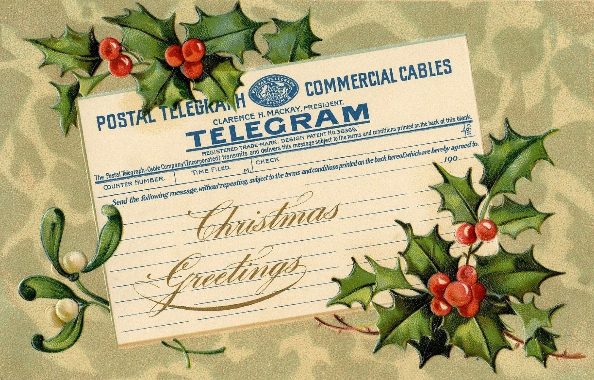 Christmas card Telegram with Holly (artist unknown) Canvas Art - (18 x 24)