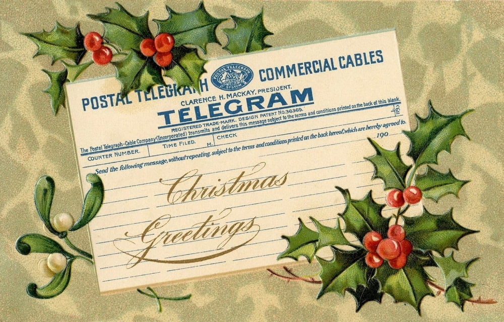 Christmas card Telegram with Holly (artist unknown) Canvas Art - (24 x 36)