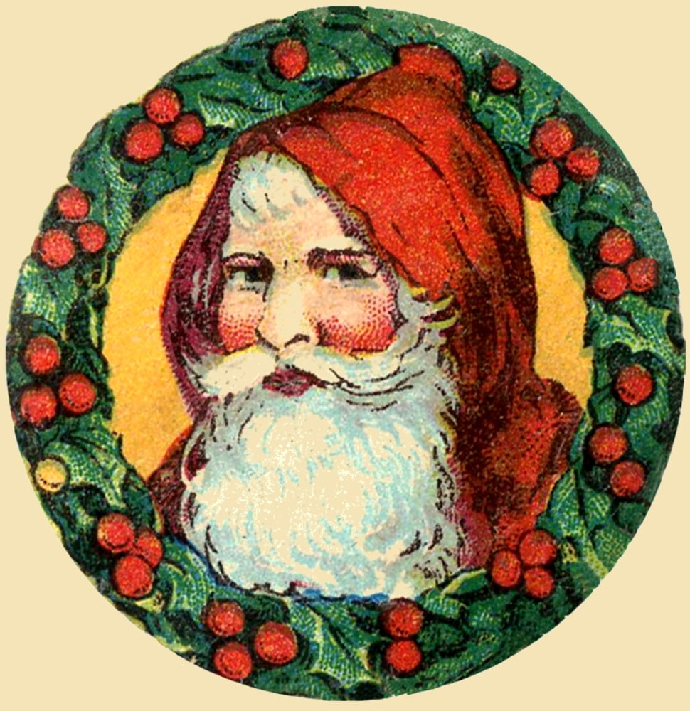 Christmas card c1890 Santa wreath Canvas Art - Unknown (18 x 24)