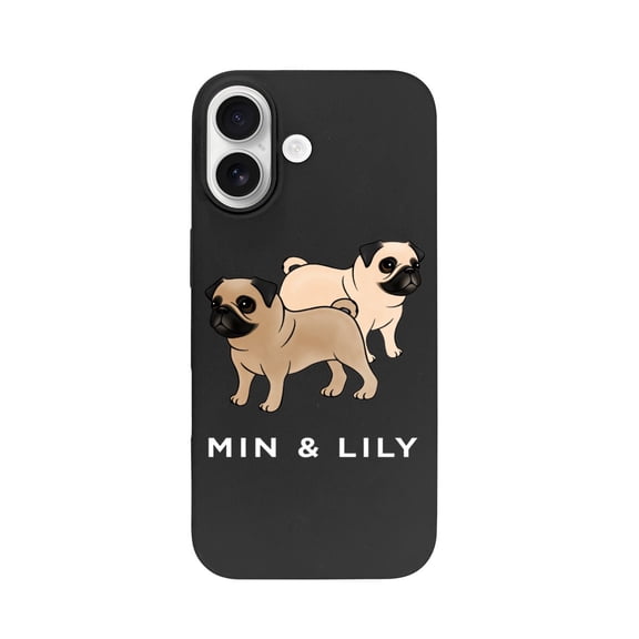 Christmas, daily Two Pugs Standing Side By Side One Facing Forward And One Facing Backward With Names Min And Lily Printed Below In White Text On A Black Background iPhone case, good material