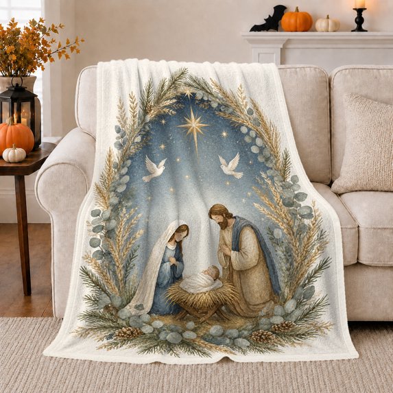 Christmas decorative motif Starry Night Illustration Peaceful Holy Family, Warm Flannel Blanket for Living Room and Family Room, Festive decorative motif Scene, Art Lovers Christmas Gift