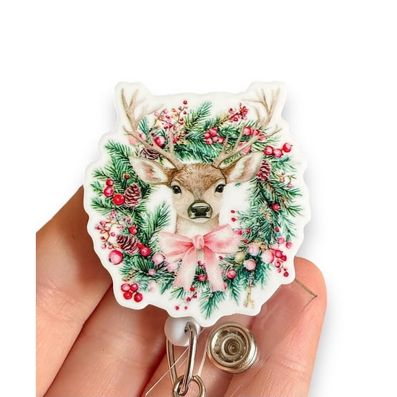 Christmas deer Badge Reel, Work ID Badge Holder, Badge Clip, Badge Pull, Gift for Coworker