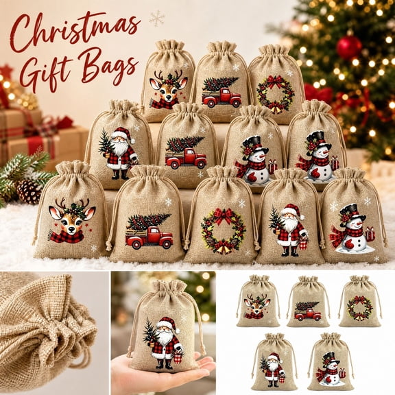 Christmas drawstring storage bag with 5 Festive Prints, 12-Pack Linen Sacks with Santa, Reindeer, Snowman, Truck, and Wreath Designs, for Holiday Party Favors and Stocking