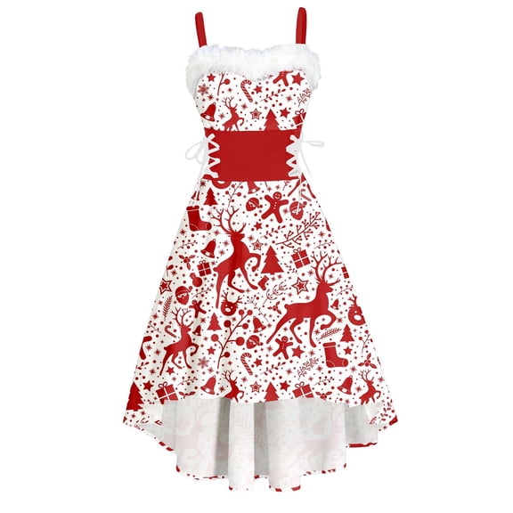 Christmas dresses for women Casual Print Flowy Swing Dress With Spaghetti Straps And Pleated Skirt For Holiday Party And Daily Wear plus size christmas dresses for women
