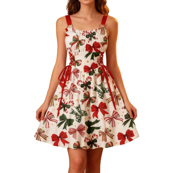 Christmas dresses for women Casual Print Spaghetti Strap Ruffle Hem Flowy Swing Maxi Dress For Holiday Party And Festive Seasonal Outfits plus size christmas dresses for women