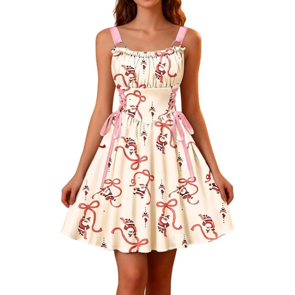 Christmas dresses for women Casual Print Spaghetti Strap Ruffle Hem Maxi Dress Flowy Swing A Line Party Holiday Festive Elegant Long Dress plus size christmas dresses for women