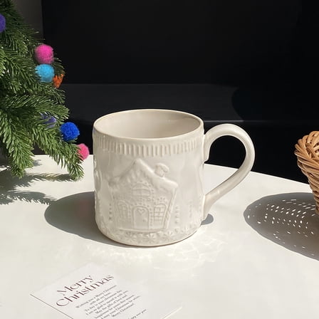 Christmas embossed mug, creative embossed Christmas tree, cottage, bells, and snowflakes mug, simple and high-quality embossed ceramic mug, coffee mug, suitable for family Christmas parties, home dri