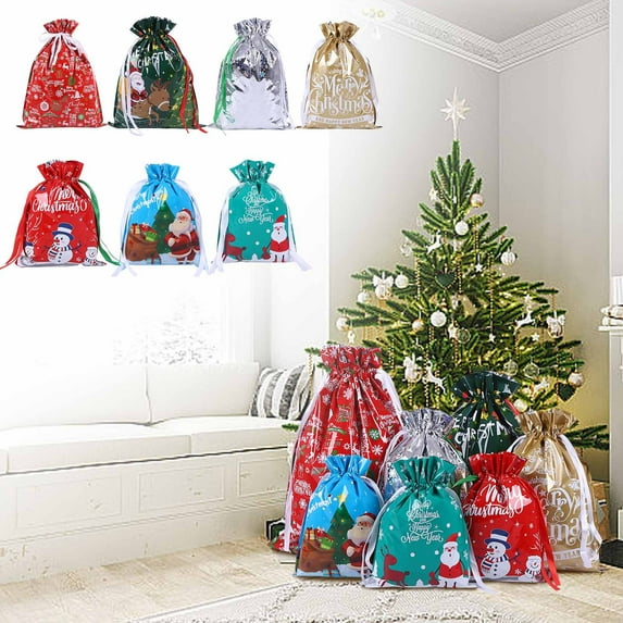 Christmas Drawstring Gift Bags, Aluminum Foil Candy Storage Bag, Holiday Packaging Bags for Candy, Gifts, Party Favor Storage and Seasonal Organization