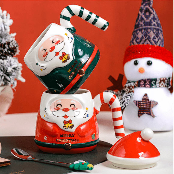 Ceramic Mugs, Christmas Mug with lid and spoon, Ceramic Christmas Mugs