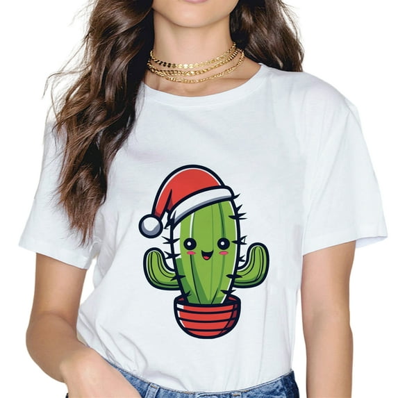 Christmas hat cactus print short sleeve white t-shirt.
