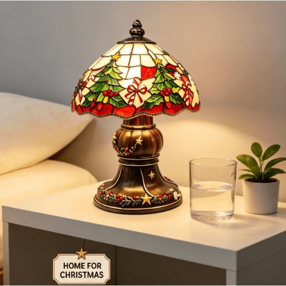 Christmas home tabletop night lights, classic resin desk lamp, holiday table ornament for bedroom mantel decor, compact‑sized fits limited desktop corners (Tiffany‑Style)