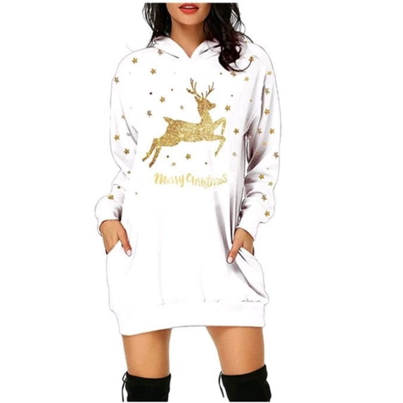 Christmas hot sale printed mid-length pocket hooded long-sleeved sweater