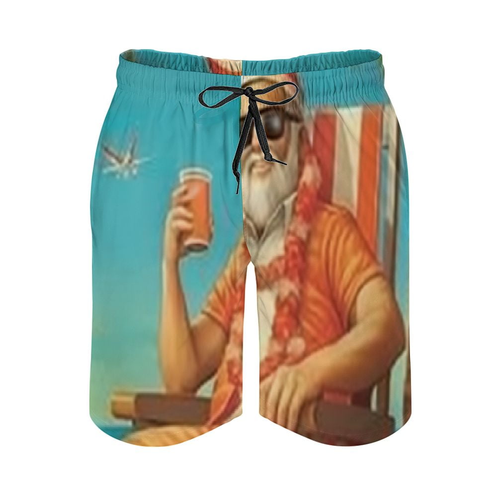 Men's Christmas In July Swim Trunks - Tropical Santa & Guitar Hawaiian Print Beach Shorts (Sizes S-5XL)
