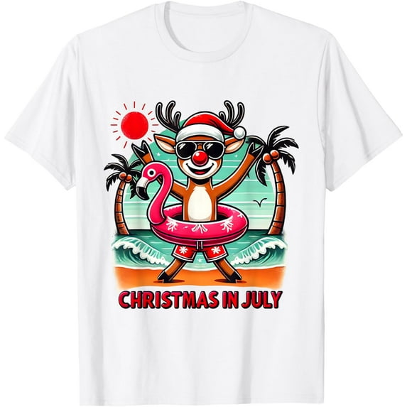Christmas in July Santa Reindeer Hawaiian flamingo Summer T-Shirt TShirt