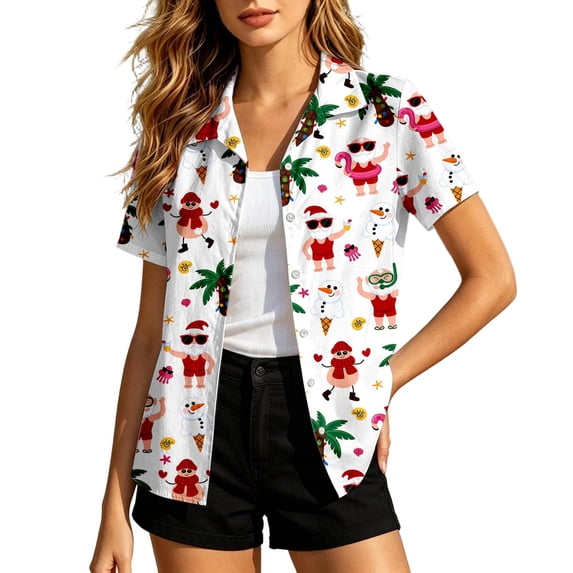Christmas in July Shirt for Women Hawaiian Xmas Button Down Shirts Funny Santa Claus Tshirt Casual Holiday Tee Tops Summer Clothes