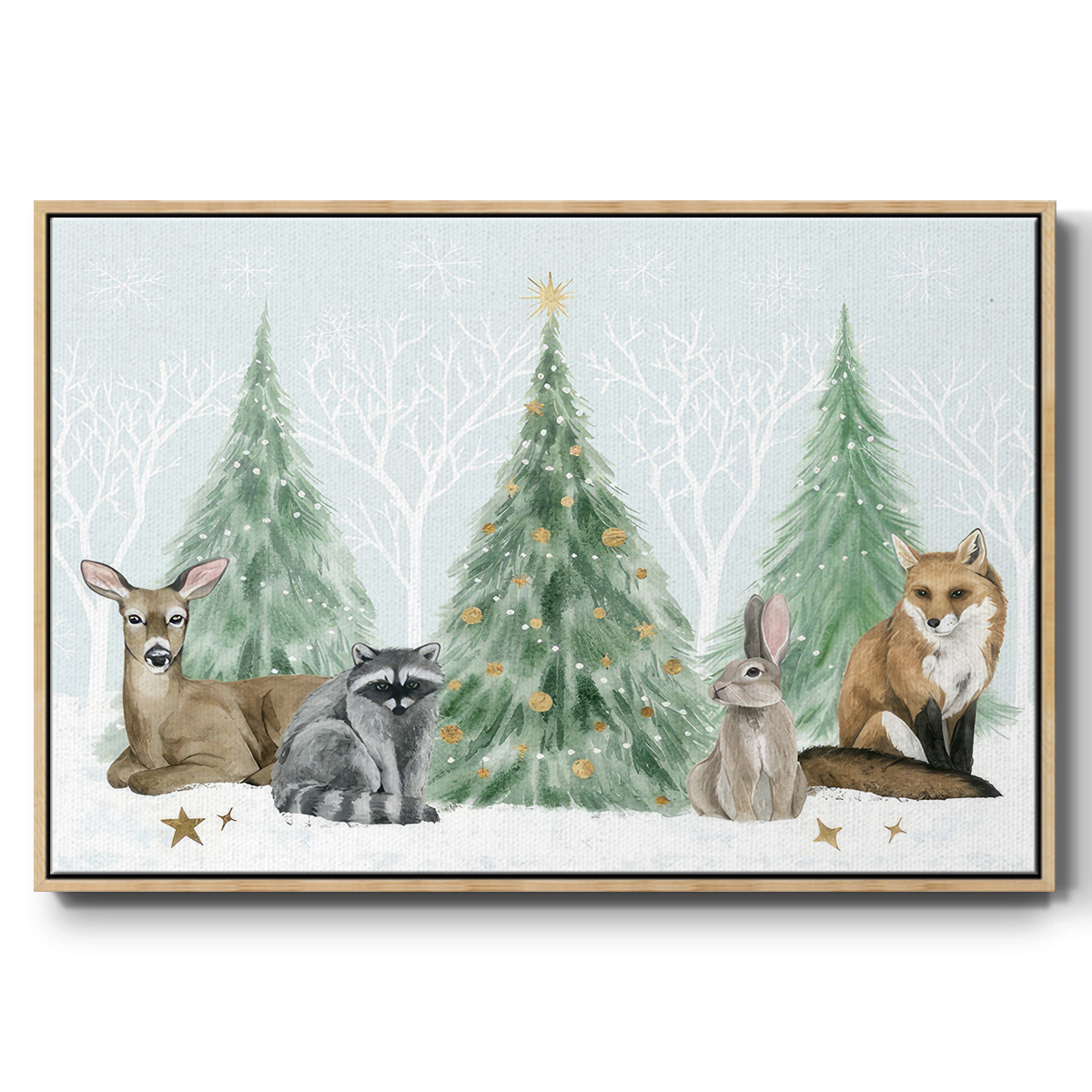 Christmas in the Forest Collection A - Framed Gallery Wrapped Holiday Canvas - 25 x 37 - Natural Wood Frame
