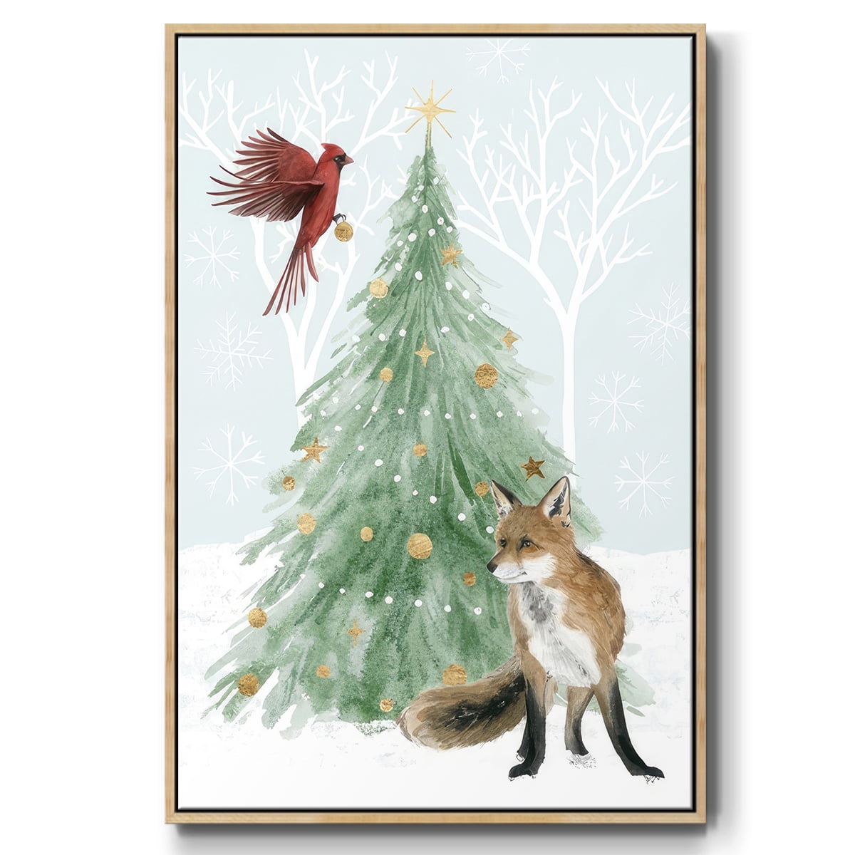 Christmas in the Forest Collection B - Framed Gallery Wrapped Holiday Canvas - 25 x 37 - Natural Wood Frame