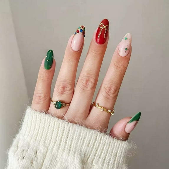 Christmas nail art Press on Nails Almond Fake Nails BlueFalse Nails French Artificial Nails with Floral Designs Summer Handmade Nails Stick on Nails for Women 24pcs