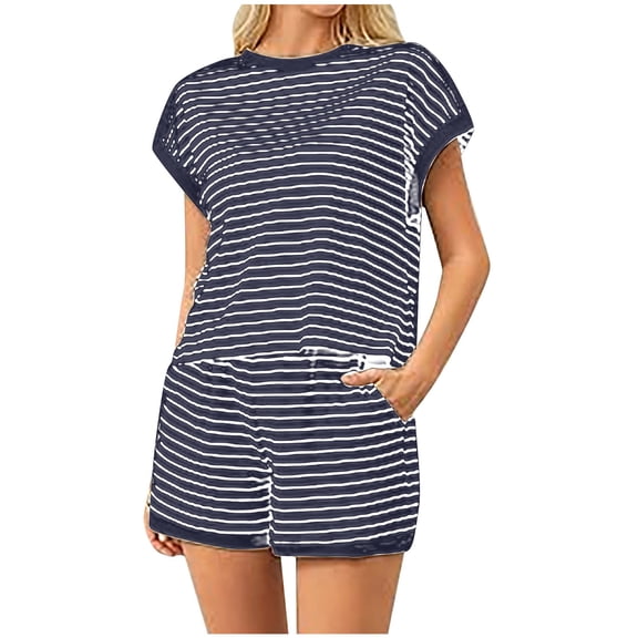 Christmas pajamas Christmas gift Women Summer 2 Piece Sets Striped Short Sleeve Tee Shirts Mini Shorts Loungewear Shorts Set Ribbed Pajama Set