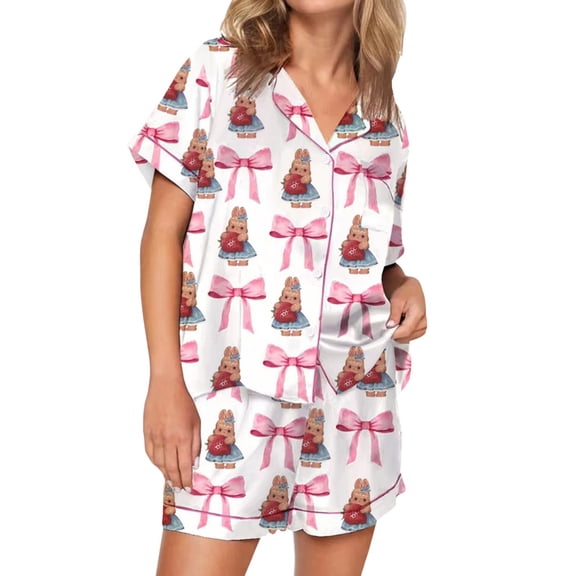 Christmas pajamas Women Graphic Pajama Set Bottles Print Short Sleeve Button Shirt Elastic Waist Wide Leg Shorts Preppy Pj Outfits