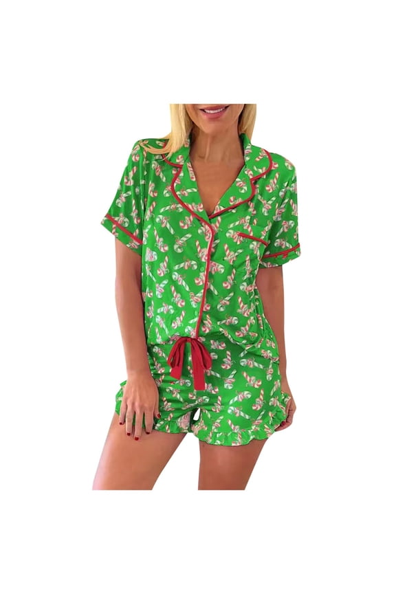 Christmas pajamas Women's Christmas Candy Cane Print Pajama Set With Ruffle And Lace 2 Piece Loungewear