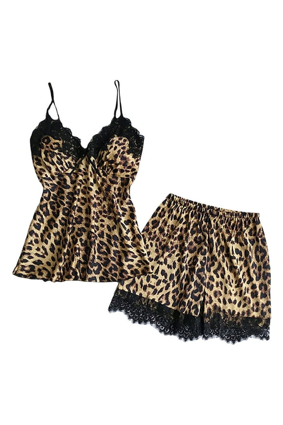 Christmas pajamas Women's Sexy Deep V Leopard Print Imitation Silk Sexy Shorts Set