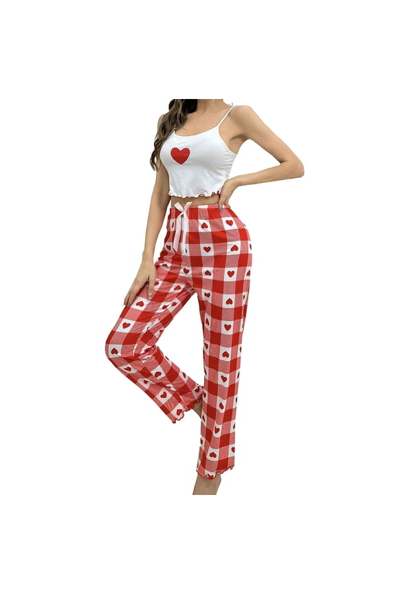 Christmas pajamas "Women's Sexy Sleepwear Set Heart Checkered Long Pants And Top Loungewear"