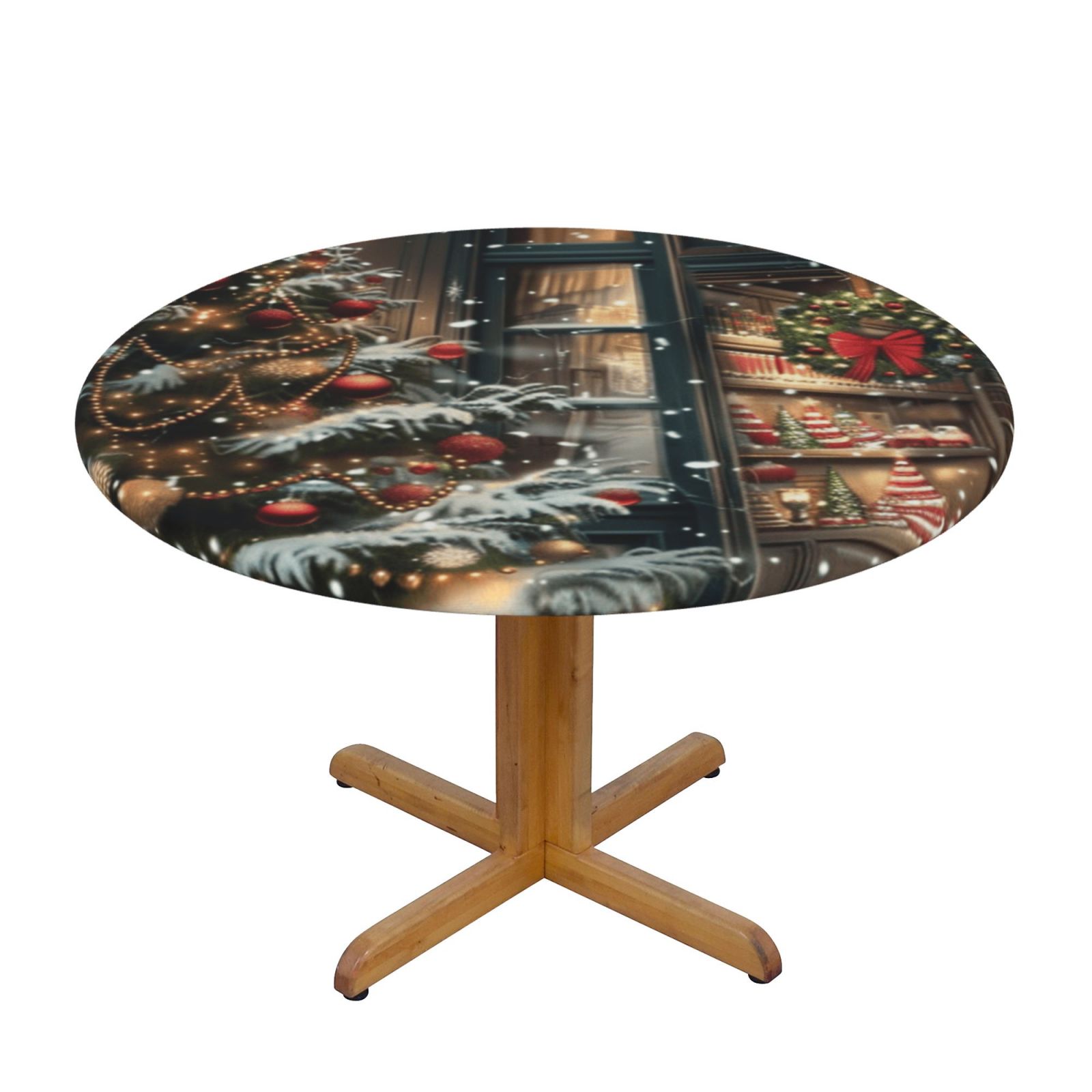 Christmas party Round Picnic Tablecloth, Waterproof Elastic Fitted Table Covers, Wipeable Backed