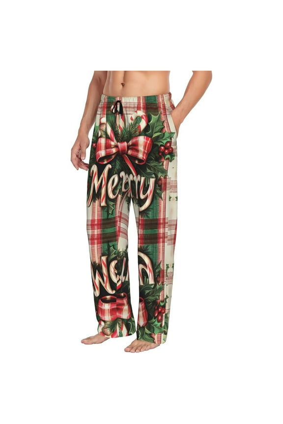 Christmas plaid candy cane Mens Pajama Pants Bottoms with Pockets - Comfy Mens Pj Pants, Soft Men Lounge Pants