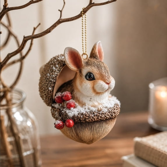 Christmas rabbit Hanging Ornament, Resin Pendant with Gold Chain for Christmas Tree, Forest Animal Styles, Winter Holiday Home Decor Gift Supply, Perfect for Mantel Shelf Indoor Display