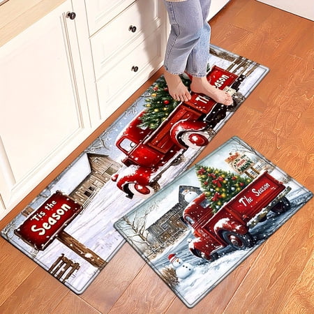 Christmas, red pickup truck, Tis the Season "snowflake, snowman, wooden house, holiday realistic style Flannel Soft Kitchen Rugs Non Slip Washable, Throw Mat, Non-Skid Runner Mat, Floor Mat, Doormat