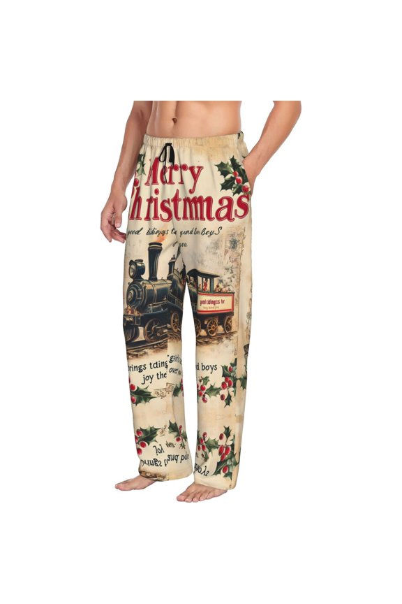 Christmas retro steam train Mens Pajama Pants Bottoms with Pockets - Comfy Mens Pj Pants, Soft Men Lounge Pants