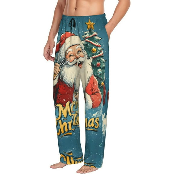 Christmas retro winkling Santa Claus Mens Pajama Pants Bottoms with Pockets - Comfy Mens Pj Pants, Soft Men Lounge Pants