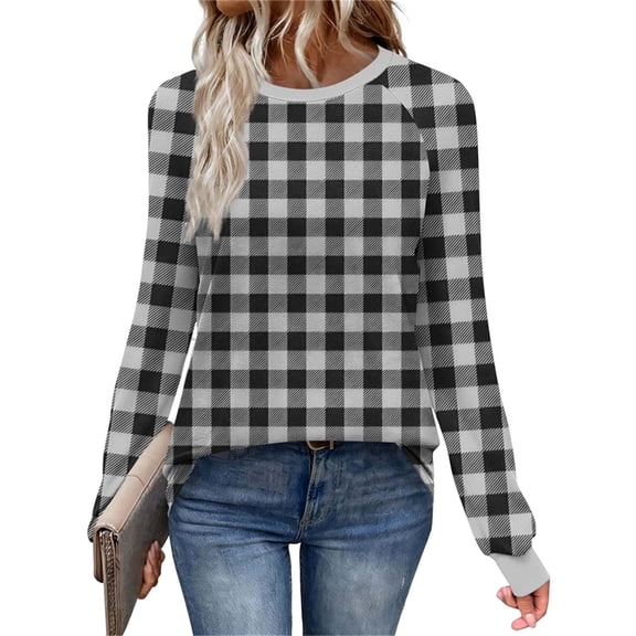 Christmas round-neck checked sweatershirts, printed long-sleeved tops, Fall and winter fashion outfits