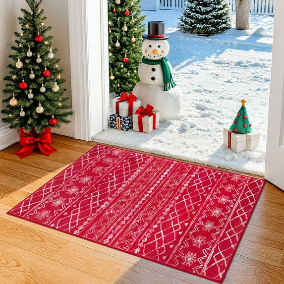 Glattice Christmas Rug 2x3 Small Throw Rugs with Rubber Bakcing Washable Non-Slip Entryway Rugs Snowflake Holiday Decor Print Thin Doormat for Bedroom Kitchen Front Door, Red