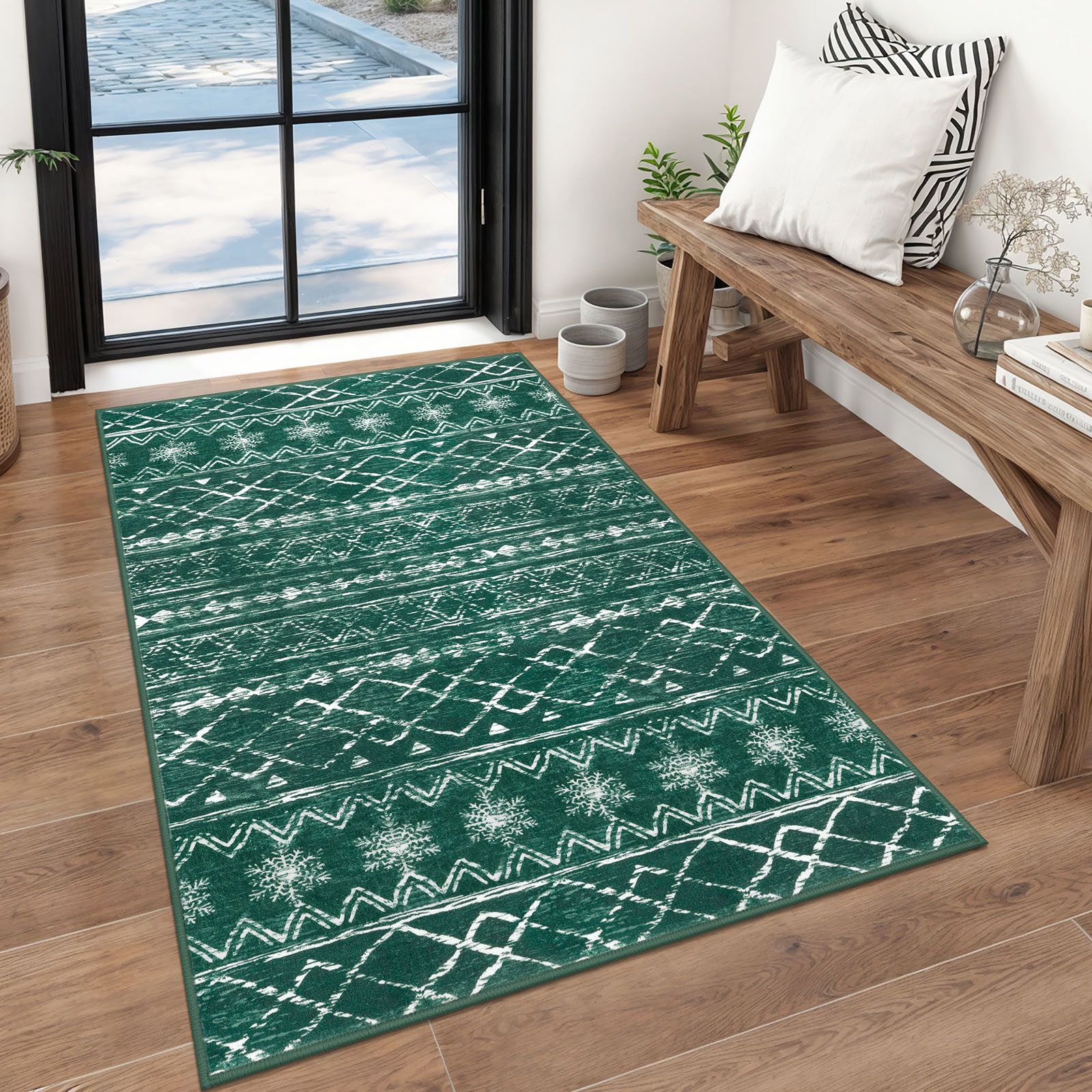 Glattice Christmas Rugs 3x5 Washable Area Rug Non-Slip Entryway Rugs Ultra Soft Thin Print Moroccan Rugs Snowflake Holiday Decor Carpet for Kitchen Bedroom, Green