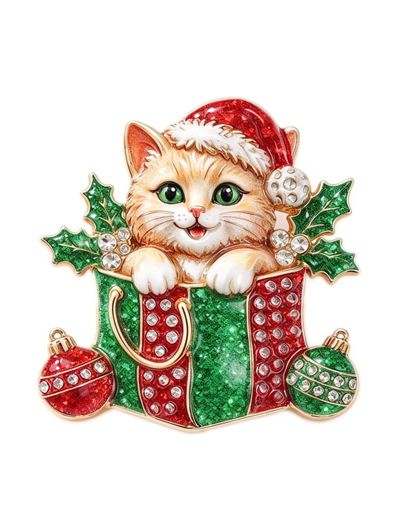 Christmas series decorative brooch, cute cat and gift box pin, inlaid with rhinestones, made of alloy material