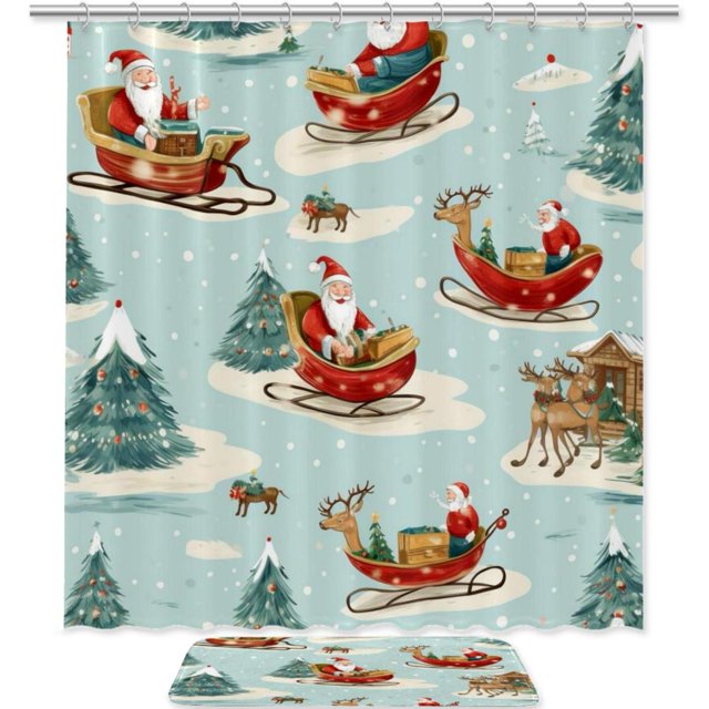 Christmas sled Pongee Shower Curtain Set with Polyester Floor Mat