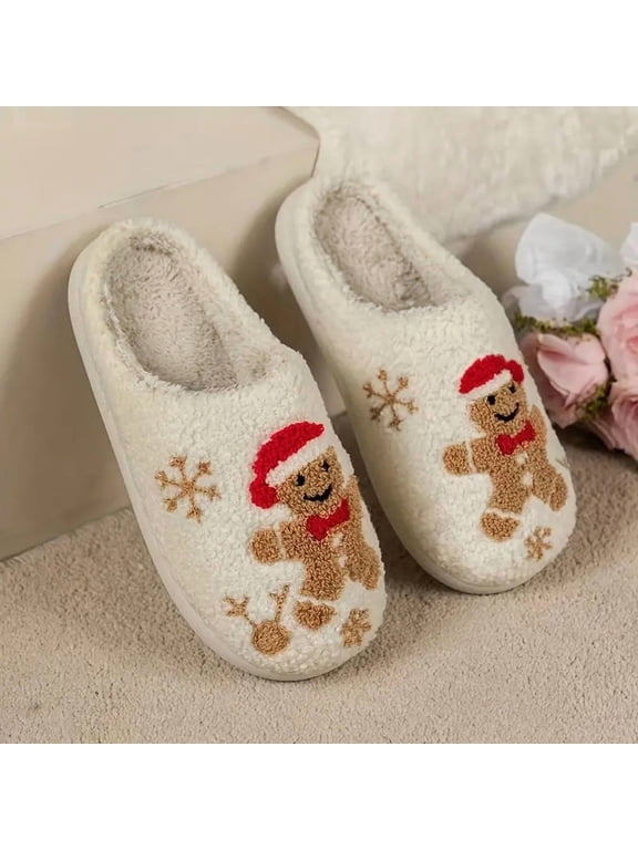 Christmas slippers Women Men Indoor Warm Plush Holiday Santa Cookie Slippers Fur Cozy Outdoor Shoes(8-9Women/7-8Men)