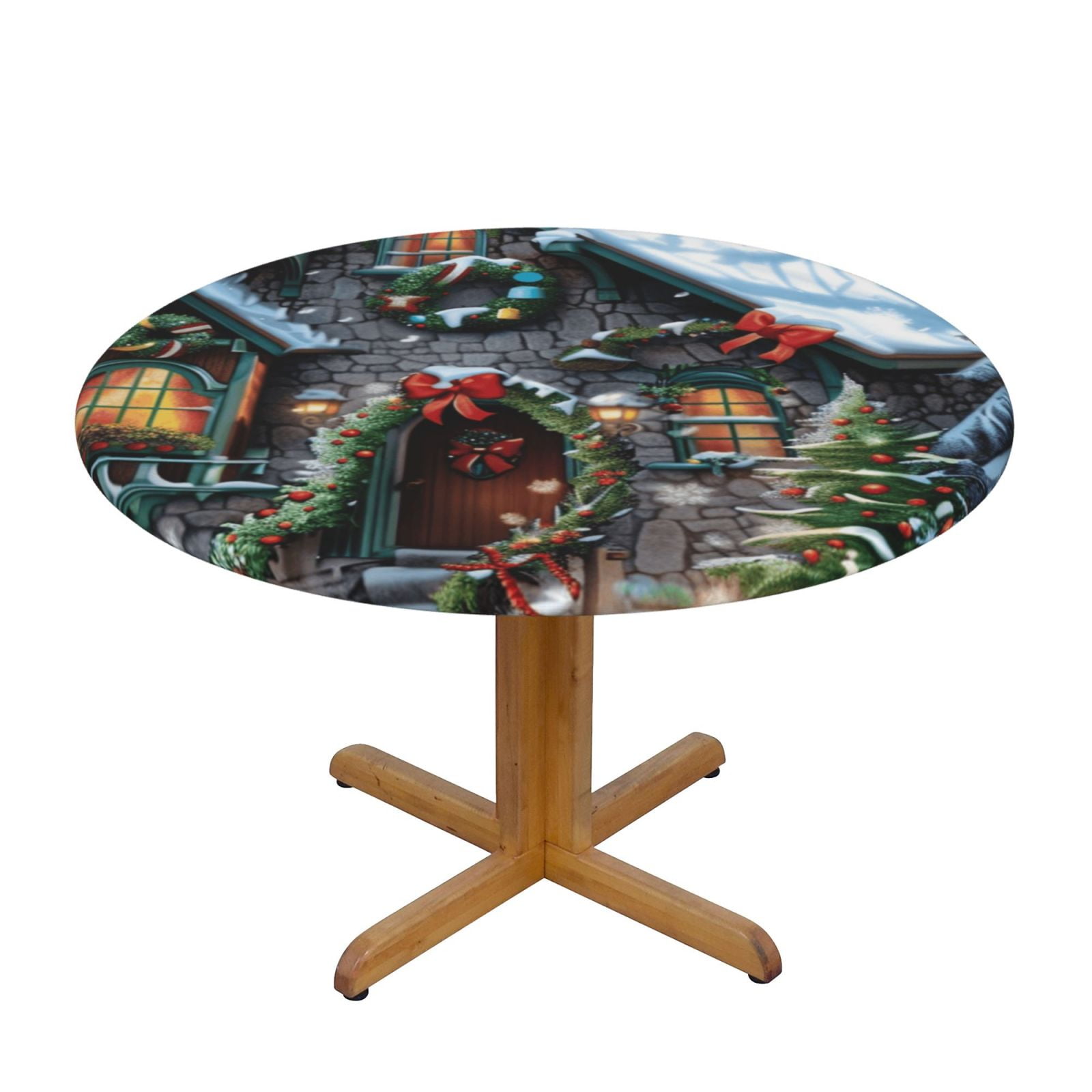 Christmas snow Round Fitted Table , Waterproof Elastic Outdoor Tablecloth Satin Resistant