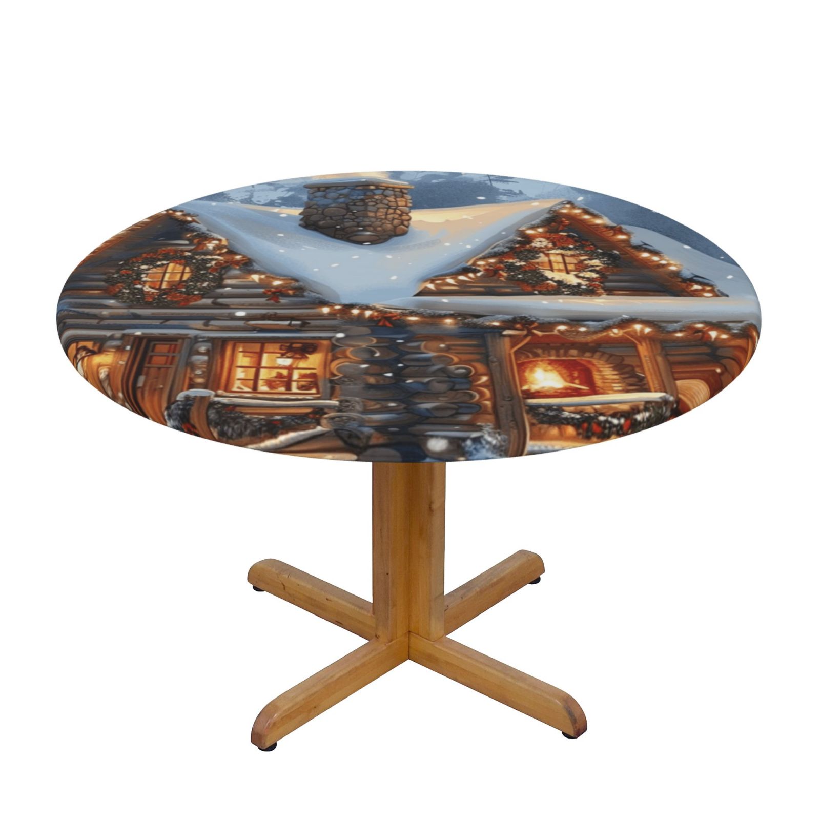 Christmas snow design Round Fitted Tablecloth with Elastic Edge, 100 Waterproof Proof Plastic