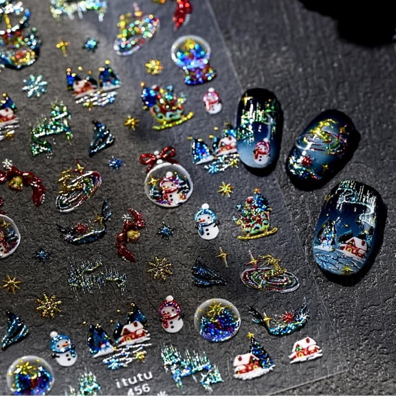 Christmas snow globe nail stickers, snowman nail stickers, gold design, 5D embossed self-adhesive nail decals, nail art, Christmas nail decorations and accessories for women.