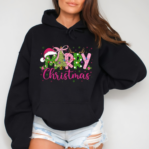 Christmas snowflake Christmas tree graphic Trendy cotton Comfortable Hooded long-sleeved black S-2XL