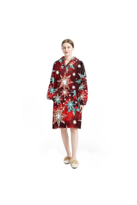 Christmas snowflakes Cozy Microfiber Polyester Fabric Wearable Blanket Sweatshirt - Unisex Oversized Hooded Lounge Jacket for Adults - Warm and Soft Throw Wrap - Great Gift Idea for Men and Women