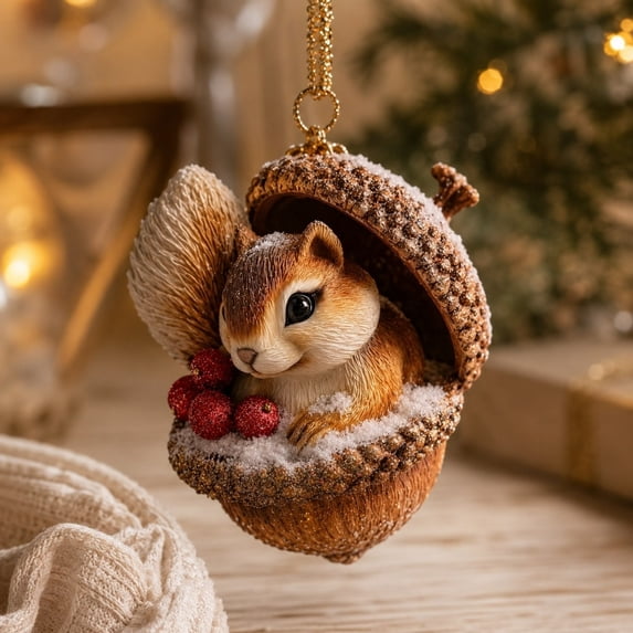 Christmas squirrel Hanging Ornament, Resin Pendant with Gold Chain for Christmas Tree, Forest Animal Styles, Winter Holiday Home Decor Gift Supply, Perfect for Mantel Shelf Indoor Display