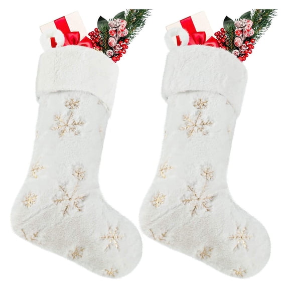 Christmas stockings 16.5 inch fireplace hanging stockings, gold and silver embroidered snowflake stockings with faux fur cuffs, Santa Claus snowman elf Christmas tree decoration[Golden]