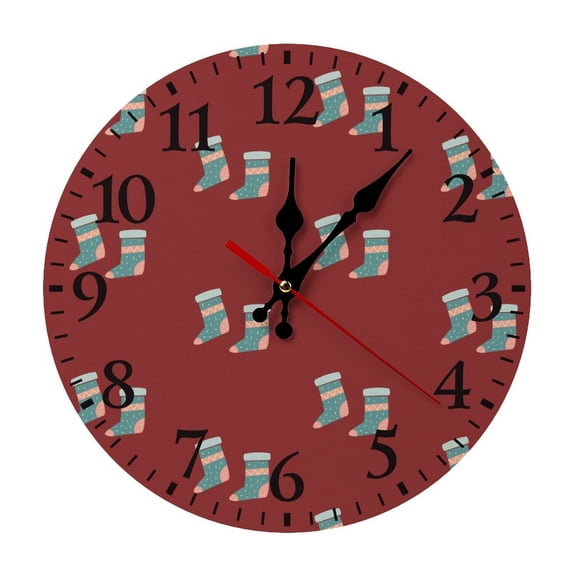 Christmas stockings, red Wall Clock Silent Non Ticking Wooden Wall Clocks Battery Operated Round Wall Decor for Bathroom Kitchen Bedroom 12*12in
