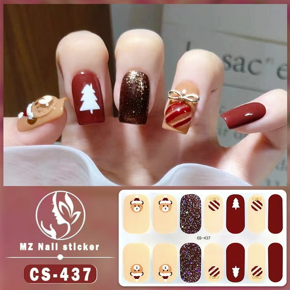 Christmas style baking free gel nail nail sticker Full paste cute Christmas tree Santa Claus nail sticker detachable (2 sets)