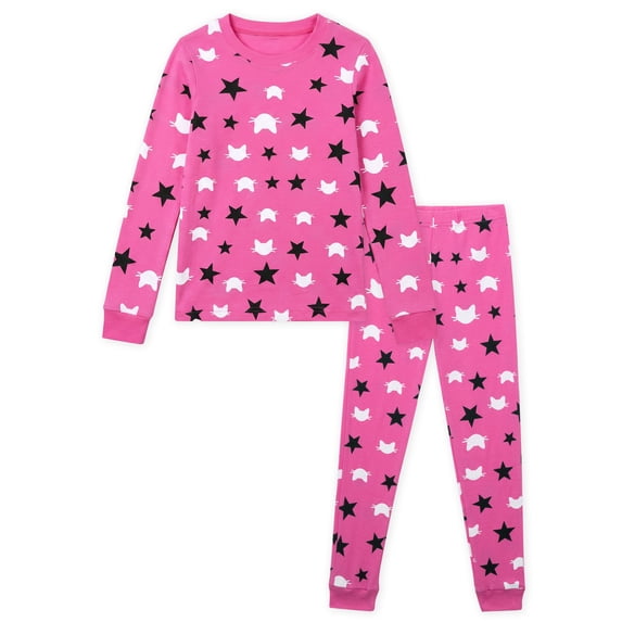 NIPAXO Girls Pajamas Set Long Sleeve Cat Face and Star Print Thermal Top and Matching Pants Sleepwear for Kids