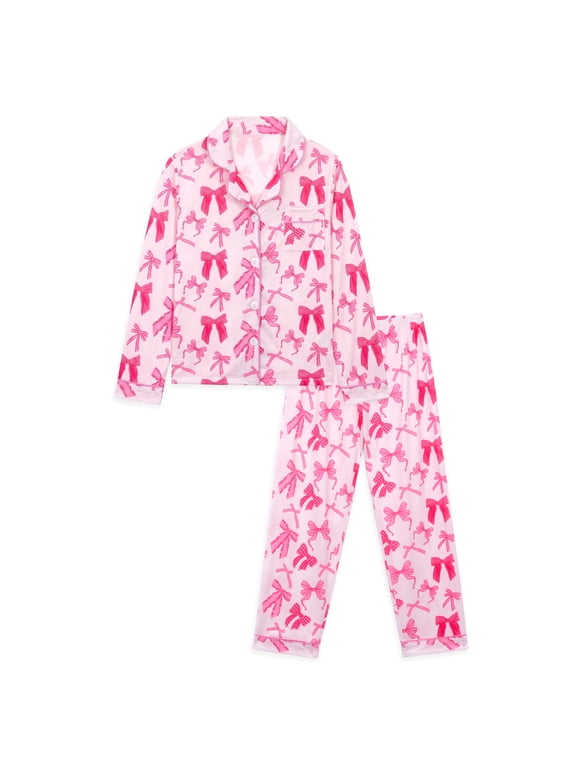 Girls Pajamas Set Long Sleeve Button-Down Top and Pants Silk Satin with Cute Pink Bows Print Sleepwear for Kids